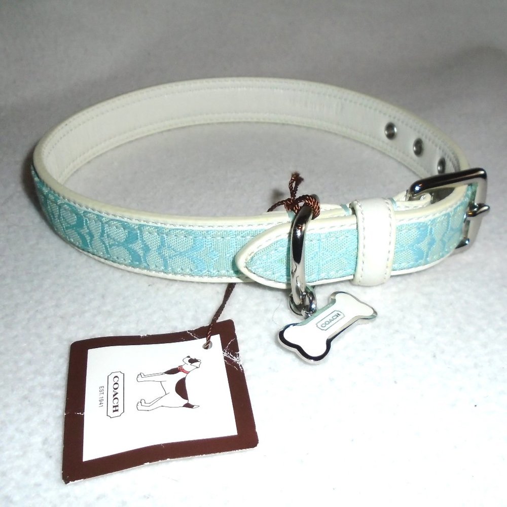 NEW COACH WHITE LEATHER BLUE JACQUARD SIGNATURE C DOG COLLAR 60364 SIZE MEDIUM